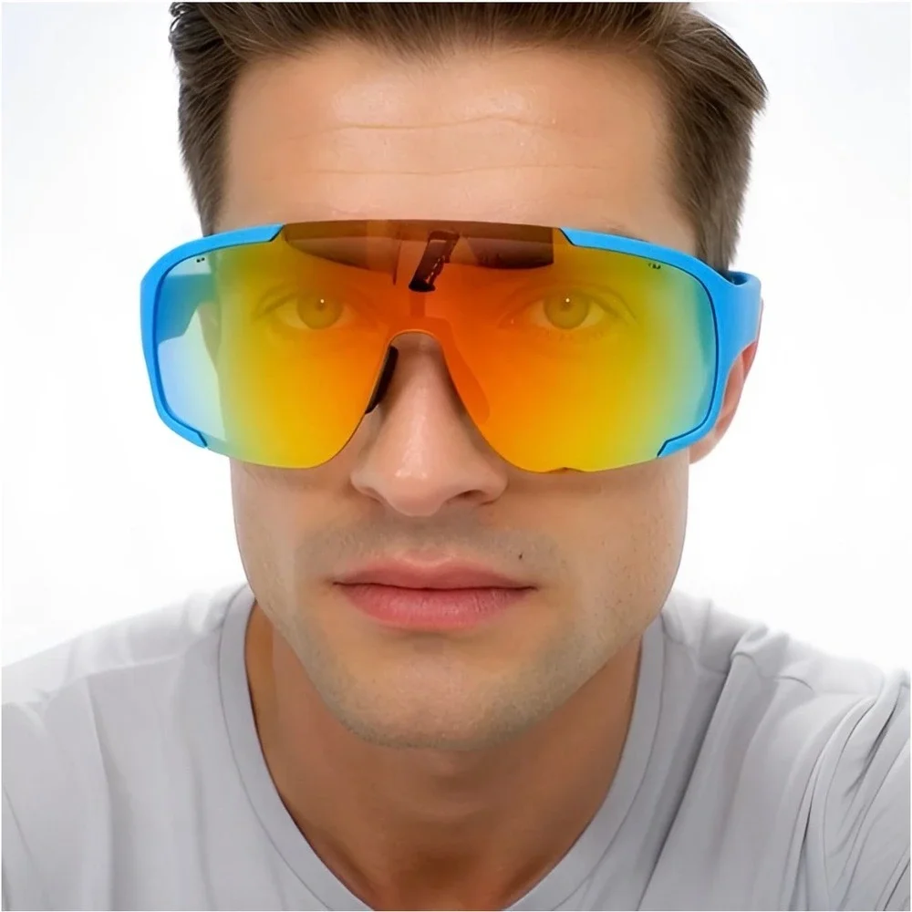 Shield Sunglasses‎ Mirrored Lens Sport Cycling Glasses Blue Frame Fishing Lentes